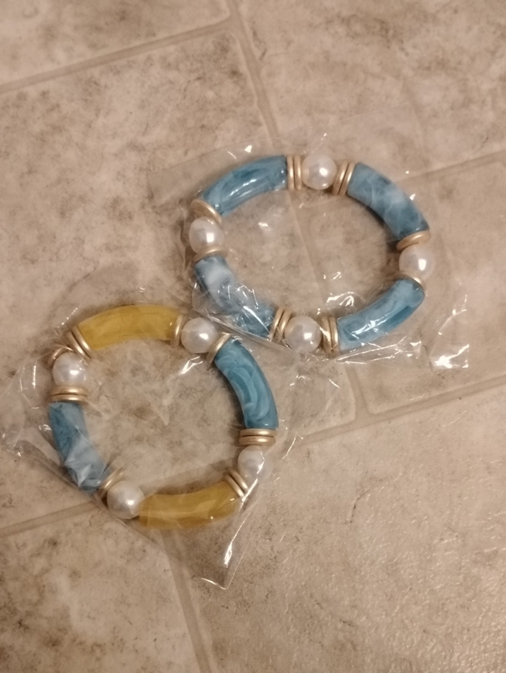 Plunder Blue and Yellow Bead & Pearl Stretch Bracelet Set